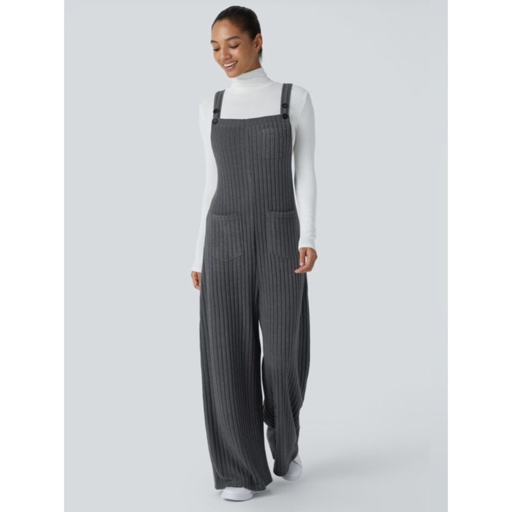 Halara Ribbed Knit Pockets Casual Overalls‎ Gray XS Tall NEW